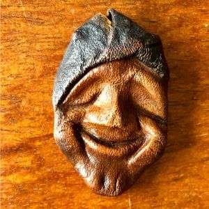Vintage Hand Crafted Leather Smiling Face with Cap/Hat Brooch Pin